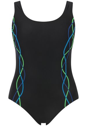 Costume intero nero caratterizzato da motivi di onde blu e verdi sui lati. Realizzato in materiale morbido con scollatura a barchetta classica.