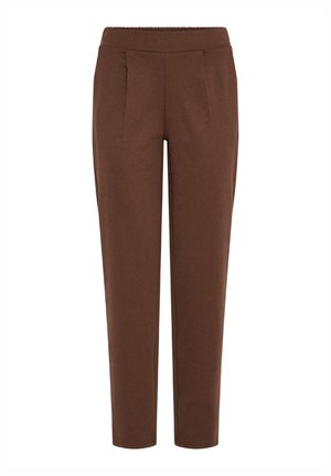 Brown, elastic waist trousers with a straight cut, featuring two front pockets and subtle pleats for added detail. Smooth fabric texture.