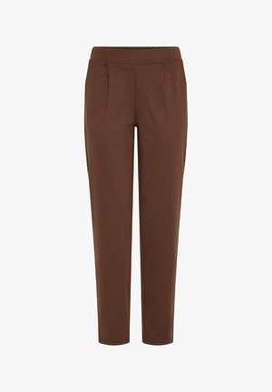 Pantalons marron à taille élastique, coupe droite, avec deux poches avant et des plis subtils pour plus de détail. Texture de tissu lisse.