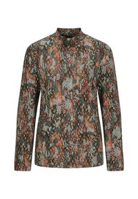 Lange mouwtop met een hoge halslijn, een multicolore abstracte print en een gestructureerde stof in tinten groen, oranje en crèmekleurig.