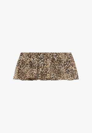 Leopard print, lightweight fabric ruffle hem top featuring a soft, sheer texture with pleated design and a neutral color palette.