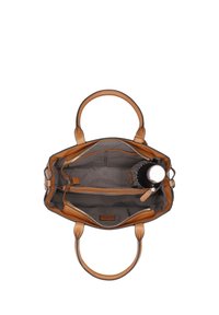 Handtasche aus cognacfarbenem Leder mit zwei Griffen, gestreiftem Innenfutter und mehreren Fächern. Enthält eine Reißverschlusstasche und eine Trinkflasche innen.