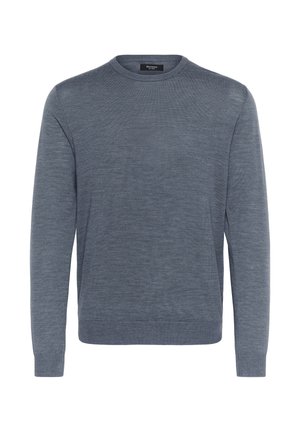 Gray long-sleeve sweater with a crew neckline, made from a soft knit fabric. Features ribbed cuffs and hem, and a smooth texture.