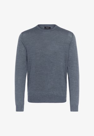 Szary sweter z długim rękawem i okrągłym dekoltem, wykonany z miękkiej dzianiny. Ma ściągacze przy mankietach i u dołu, oraz gładką strukturę.