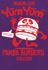 Lilla skjorte med en tegneserie-panda, der holder en burger, med rød tekst, der skriver "Yum Yum" og "Panda Burgers." Tale boble inkluderet.