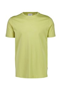 T-shirt verde chiaro a maniche corte con scollo rotondo e una piccola etichetta di tessuto sulla cucitura laterale sinistra.
