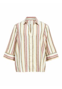 Gestreepte korte mouwen overhemd met kraag, met afwisselend beige, roze, blauw en gele kleuren, gemaakt van een lichte stof.
