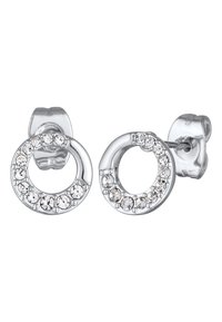 Sølv cirkulære øreringe med en glat overflade og dekoreret med små klare ædelstene rundt om den ydre kant. Butterflies-udløser.