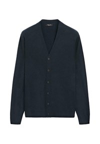 Námořnická modrá vesta s výstřihem do V vyrobená z měkké látky, s šesti odpovídajícími knoflíky vpředu a dlouhými rukávy.