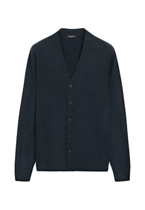 Dunkelblauer V-Ausschnitt-Cardigan aus weichem Stoff, mit sechs passenden Knöpfen auf der Vorderseite und langen Ärmeln.