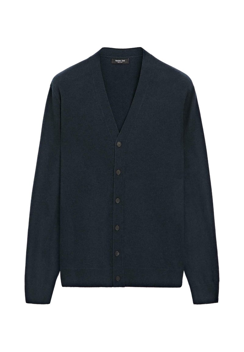 Námořnická modrá vesta s výstřihem do V vyrobená z měkké látky, s šesti odpovídajícími knoflíky vpředu a dlouhými rukávy.