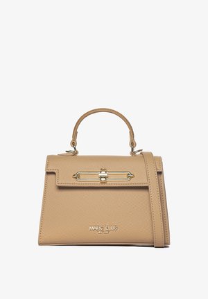 Borsa a tracolla in pelle beige con manico superiore, chiusura tono oro, tracolla staccabile e logo "Marc Ellis New York" sul davanti.