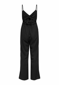 Zwarte jumpsuit met spaghettibandjes, een voorste strikdetail en een elastische tailleband. Losvallende broekspijpen reiken tot de enkels. Vlotte textuur.