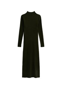 Robe en maille côtelée vert foncé avec un col monté, des manches longues et une coupe longueur sol. Texture lisse, silhouette ajustée et détails minimalistes.
