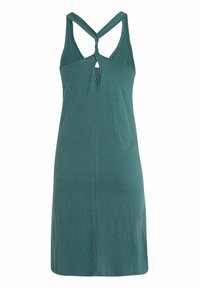 Turkusowa sukienka bez rękawów z twisted back design i dekoltem w kształcie łezki, wykonana z miękkiego materiału, do kolan, o gładkiej fakturze bez wzorów.