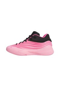 Pink athletic shoe featuring a textured upper, smooth rubber sole, black accents, and a wavy design. Lace-up closure with rounded toe.