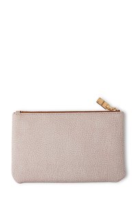 Pochette in pelle texturizzata rosa chiaro con zip dorata. Finitura liscia con un sottile motivo a grana. Forma rettangolare, design compatto.