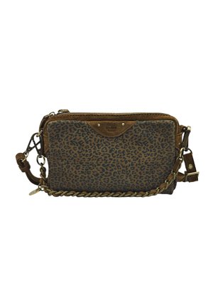 Petit sac bandoulière rectangulaire avec imprimé léopard marron et noir, bordure en daim, fermeture éclair et détail de sangle tressée.