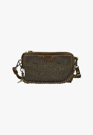 Petit sac bandoulière rectangulaire avec imprimé léopard marron et noir, bordure en daim, fermeture éclair et détail de sangle tressée.