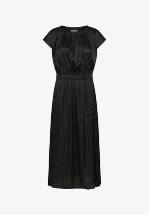 Černé midi šaty z saténové tkaniny, s krátkými rukávy, nařaseným pasem a bočními rozparky pro snadný pohyb. Hladká textura a elegantní design.