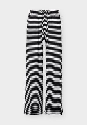 Pantalon large à rayures horizontales noires et blanches avec une taille élastique et un cordon de serrage à l'avant.
