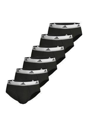 Schwarze Baumwollslips mit einem grauen elastischen Bund, der das schwarze und weiße adidas-Logo zeigt. Sechs Paare sind in einer Reihe angeordnet.