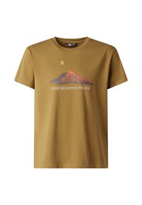 Brown short-sleeve T-shirt with a red mountain, moon graphic, and "THE NORTH FACE" text on the front.
