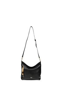 Borsa a spalla in pelle nera con design curvo, caratterizzata da una tasca con zip e finiture in oro e una tracolla removibile.