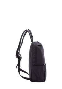 Black backpack with a sleek, minimalist design. Features a zippered closure, adjustable straps, and a side pocket. Textured exterior.
