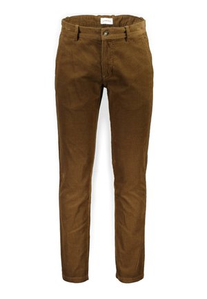 Pantaloni in corduroy marrone con design a gamba dritta, dotati di chiusura con bottone e passanti per la cintura. Il tessuto ha una finitura morbida e strutturata.