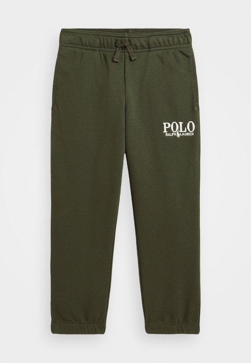 Pantalones de chándal de algodón verde oliva con cinturilla elástica y cordón. Presenta el logo "POLO RALPH LAUREN" en blanco en el lado izquierdo.