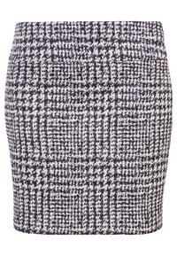Jupe en tweed noir et blanc avec motif pied-de-poule, design ajusté, texture lisse et taille structurée.