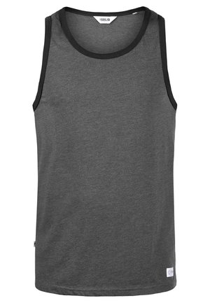 Grå bomulds tanktop med rund hals, udstyret med sort kant på halsen og ærmegabene, glat tekstur, og et lille logotag ved kanten.