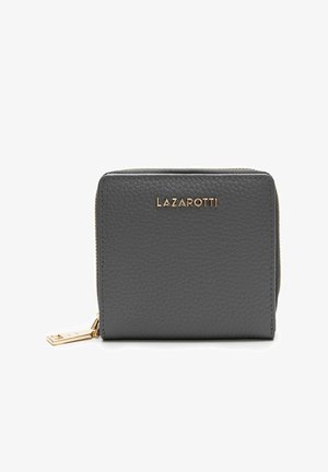 Grijze leren portemonnee met een textuurafwerking, gouden hardwareaccenten en een ritssluiting. Merkennaam "LAZAROTTI" is op de voorkant gedrukt.