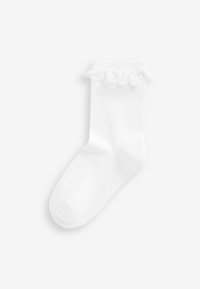 Weiße Baumwollsocke mit geripptem Bund und Spitzenverzierung am Knöchel. Glatte Textur, zylindrische Form und Standardgröße für Socken.