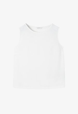 Witte mouwloze blouse met een ronde halslijn, gemaakt van gladde stof. Eenvoudig ontwerp zonder patronen of versieringen.