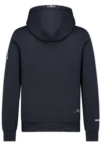 Navyblauwe hoodie, van een katoenmix, met een trekkoordhoed, ribgebreide manchetten en zoom, en een subtiele berglogo op de voorkant en mouw.