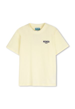 Yellow cotton t-shirt with short sleeves, crew neck, and a printed "KENZO PARIS" logo in dark blue on the left chest. Smooth texture.