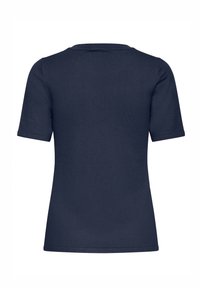 T-shirt ajusté bleu marine foncé, à manches courtes, col rond, en tissu lisse et texturé. Dos uni sans logos ni motifs apparents.