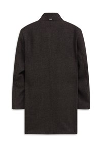 Ciemnobrązowy wełniany płaszcz o prostym kroju, z wciętym kołnierzem i długimi rękawami. Posiada bezszwowy tył i minimalistyczną konstrukcję.