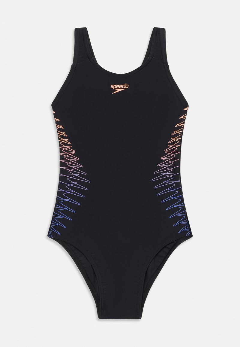 Melnas peldkostīms ar plānām siksnām, kam sānos ir zigzaga gradienta raksts oranžā, rozā un zilā krāsā. Izgatavots no elastīga materiāla.