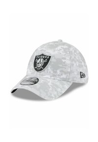 Gray camouflage cap with a rounded crown, black Raiders logo patch, curved brim, and black accent on the underside. Made from fabric material.