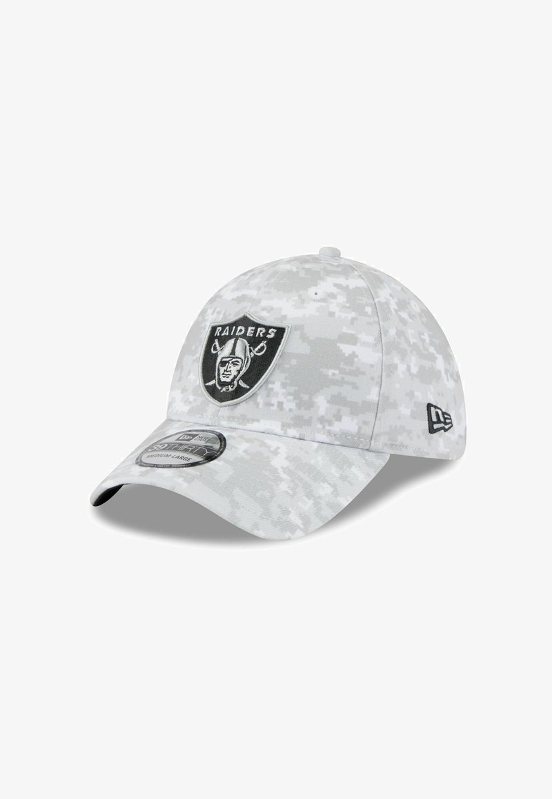 Gray camouflage cap with a rounded crown, black Raiders logo patch, curved brim, and black accent on the underside. Made from fabric material.