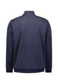Marineblauw sweatshirt met een opstaande kraag, lange mouwen en ribgebreide manchetten en zoom. Textuurstof met een subtiel patroon.