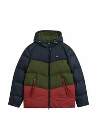 Daunenjacke mit einem Design in Farbblock aus Marineblau, Olivgrün und Burgunderrot, mit Kapuze, Reißverschlusstaschen und gestepptem Textur.