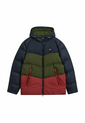 Daunenjacke mit einem Design in Farbblock aus Marineblau, Olivgrün und Burgunderrot, mit Kapuze, Reißverschlusstaschen und gestepptem Textur.