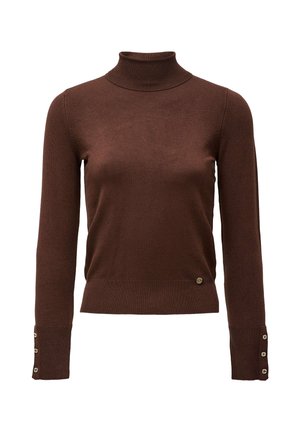 Suéter marrón de cuello alto hecho de una suave tela de punto, con mangas largas que presentan acentos de botones en los puños y un cuello acanalado.