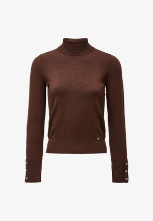 Suéter marrón de cuello alto hecho de una suave tela de punto, con mangas largas que presentan acentos de botones en los puños y un cuello acanalado.
