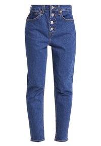 Mörkblå denimjeans med hög midja, fem knappar, fem fickor och en slim fit-design med lätt stretch och kontrasterande sömmar.
