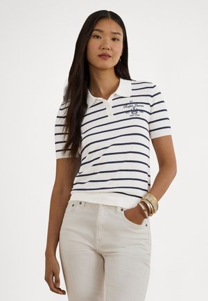 STRIPED COTTON-BLEND POLO SWEATER - Polo - white/refined navy